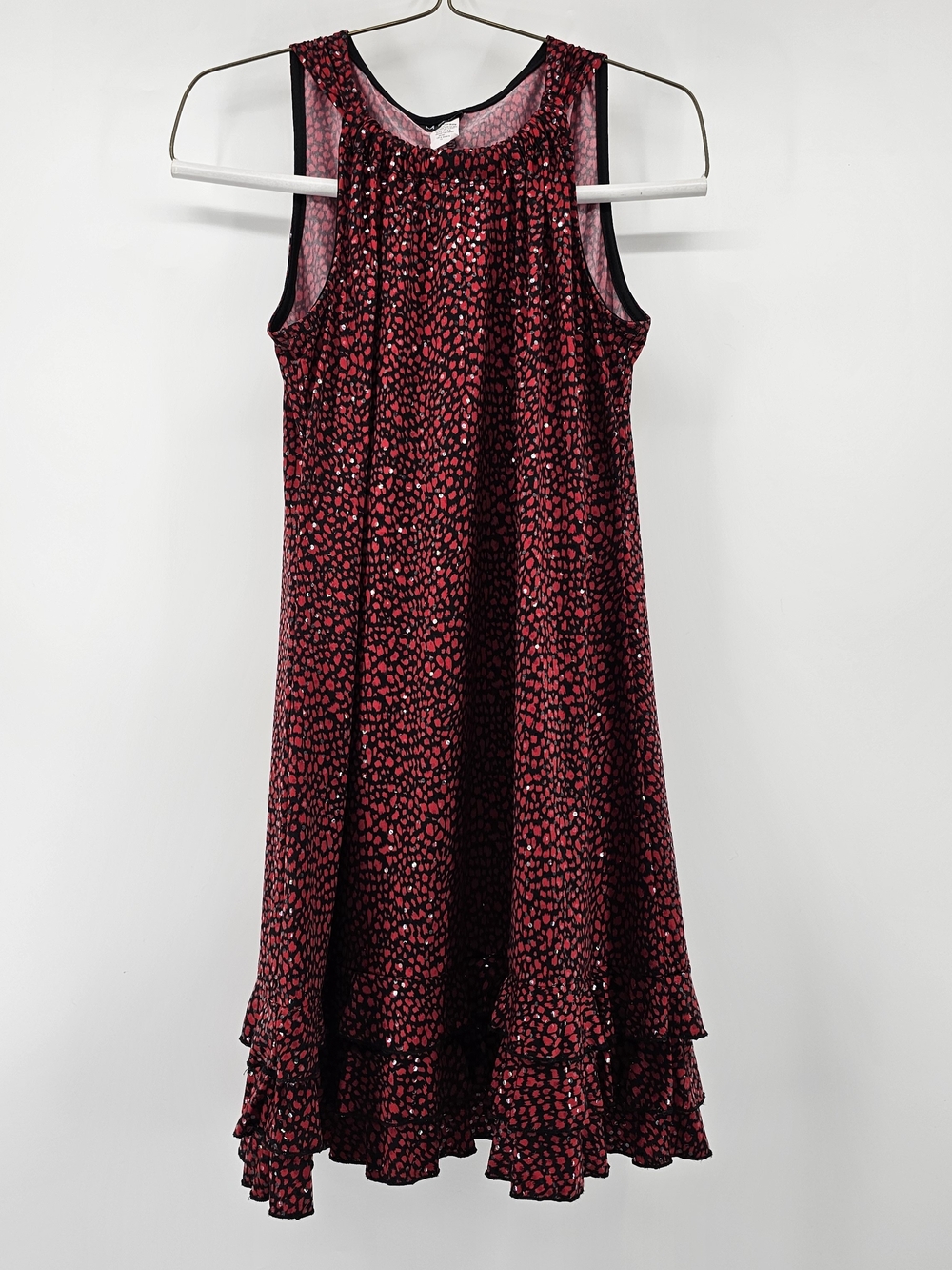 MSK High Neck Sequin Halter Dress - Red/Black Patterned Tiered Ruffle - Size 12‎